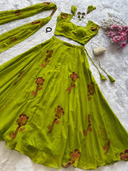 Innovative Green Georgette Hand Painted Lehenga