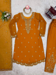 Wonderful Chinon Silk Orange Color Salwar Suit