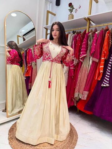 Trendy Pink Silk Embroidery Work Gown