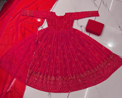 Wonderful Thread And Sequence Work Red Color Anarkali Suit