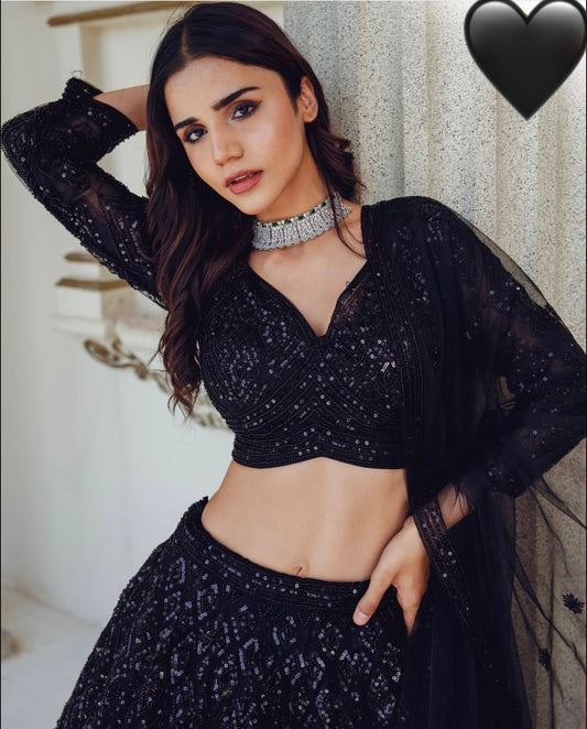 Wedding & Party Wear Sequins And Dori Work Black Color Lehenga Choli