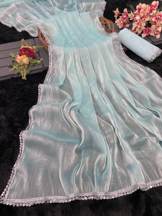 Lovely Burberry Silk Sky Blue Color Saree