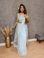 Designer Georgette Sky Blue Color Lehenga Saree With Koti