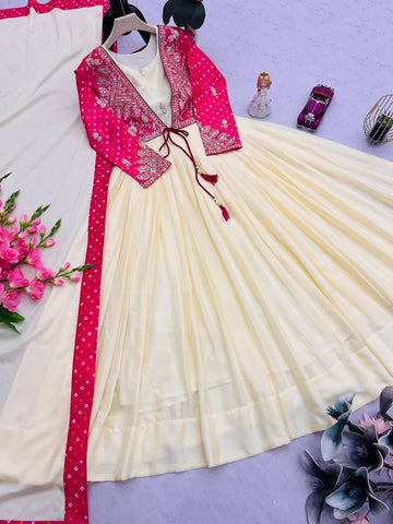 Trendy Pink Silk Embroidery Work Gown