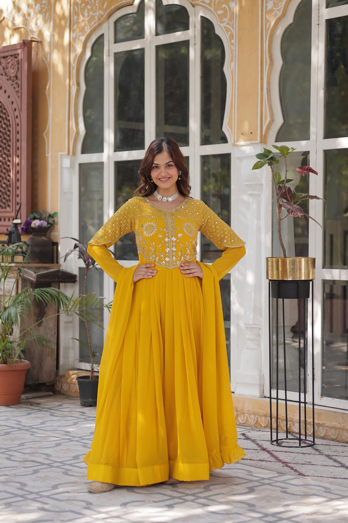 Good Looking Georgette Embroidered Work Yellow Color Gown