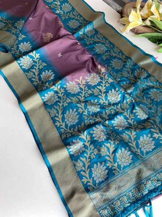 Pretty Tone Silk Onion & Teal Blue Color saree