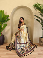 Blissful Digital Print Cream Saree