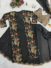 Designer Embroidery Work Black Color Ready To Wear Saree With Koti