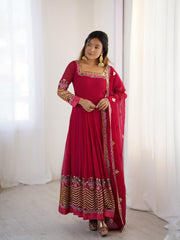 Captivating Red Georgette Embroidery Work Gown