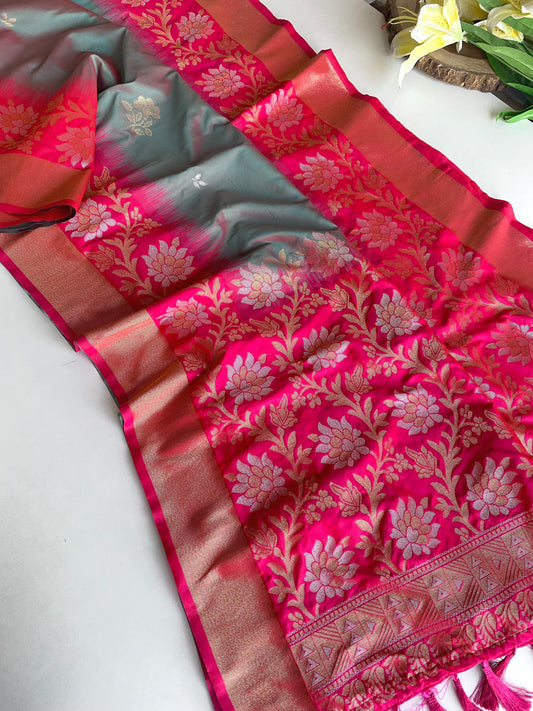 Pretty Tone Silk Grey & Pink Color saree