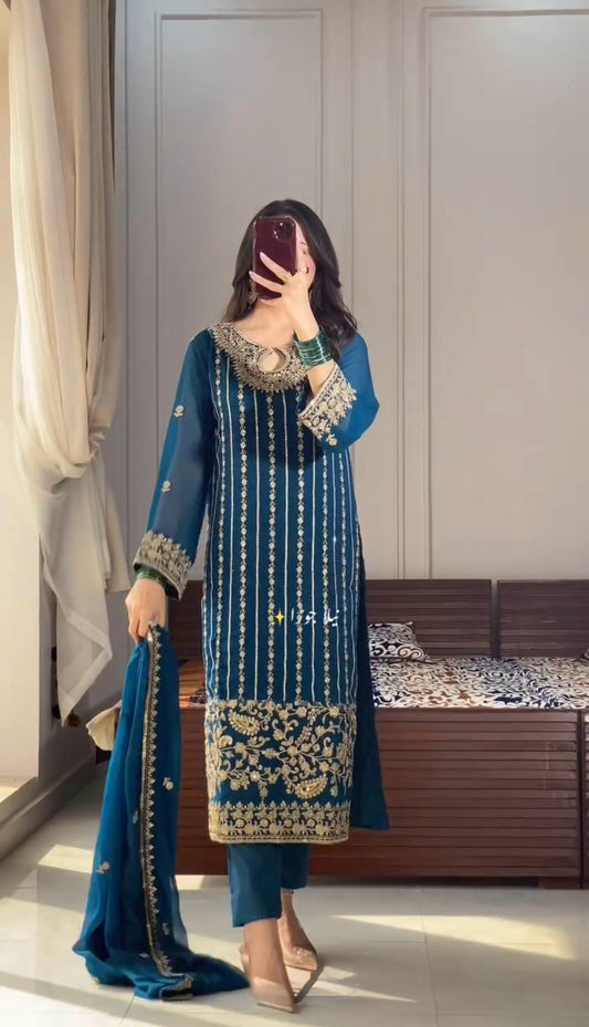 Precious Chinon Silk Embroidery Work Teal Blue Salwar Suit