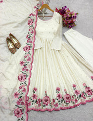 White Color Embroidered Chinon Silk Gown