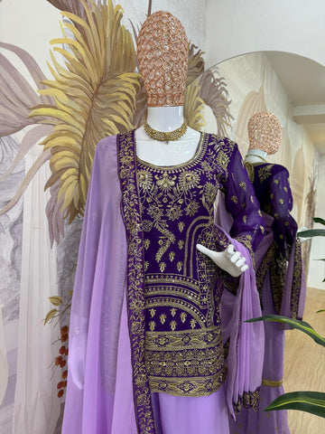 Awesome Heavy Work Lavender Color Sharara Suit