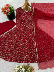 Lovely Red Sequence Work Georgette Gown