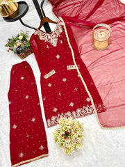 Elegant Embroidery Work Red Color Palazzo Suit