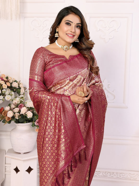Decent Jari Silk Wine Color Saree