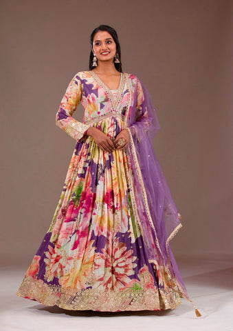 Pretty Multi Color Chinon Silk Embroidery Work Gown