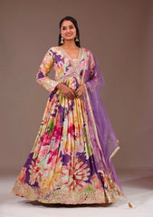 Pretty Multi Color Chinon Silk Embroidery Work Gown