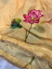 Designer Yellow Tabby Silk with Floral Print Saree