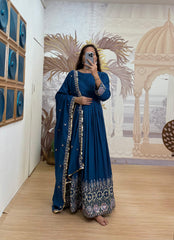 Pretty Blue Rayon Embroidery Work Gown