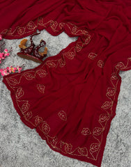 Beautiful Leaf Design Red Color Georgette Saree