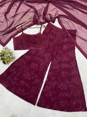 Outstanding Embroidery Work Maroon Color Palazzo With Dupatta