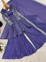 Stylish Purple Crunchy Silk Sequence Work Sharara Suit