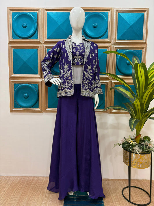 Glimmering Heavy Work Purple Color Palazzo Suit With Koti