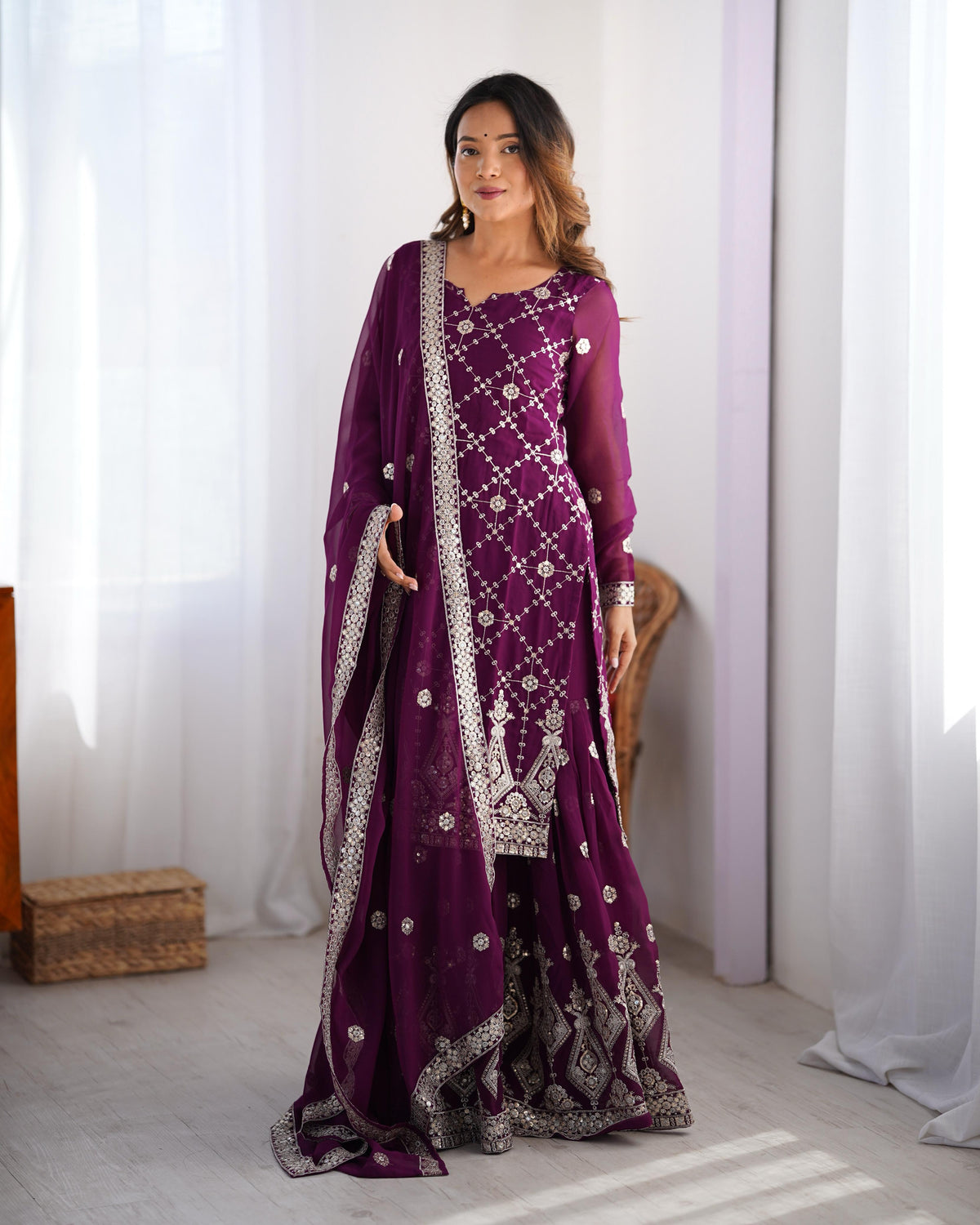 Fantastic Georgette Thread Work Wine Color Sharara Suit