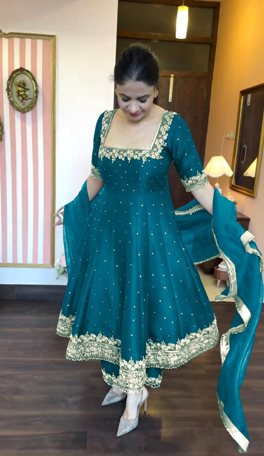Elegant  Vichitra Silk Rama Color Anarkali Suit