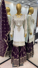 Exclusive Heavy Work White Color Suit Wine Sharara