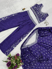 Party Wear Embroidery Work Navy Blue Color Palazzo Set