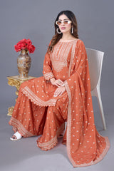 Delightful Chinon Silk Orange Color Sharara Suit