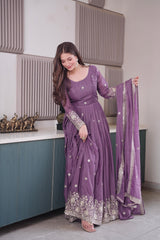 Alluring Purple Heavy Diamond Silk Embroidery Work Gown