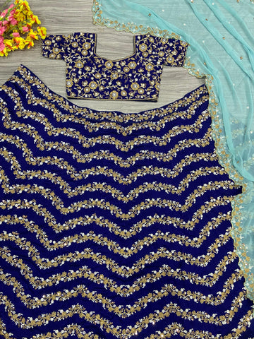 Designer Embroidery Work Blue Color Lehenga Choli