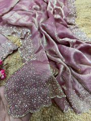 Party Wear Diamond Work Silk Onion Color Saree