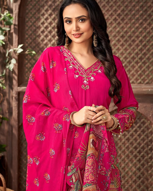 Digital Print Pink Color Mirror Work Palazzo Suit