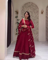 Decent Chinnon 5mm Sequence Work Red Color Gown