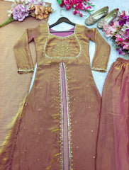 Alluring Brown Fendi Silk Work Sharara Suit