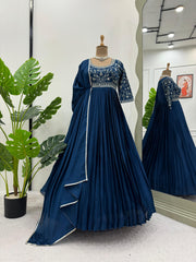Attractive Chinon Silk Real Mirror Work Navy Blue Color Gown
