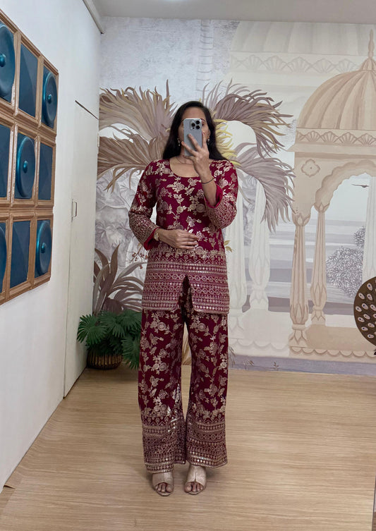 Elegant Maroon Color Dola Silk Co-ord Set