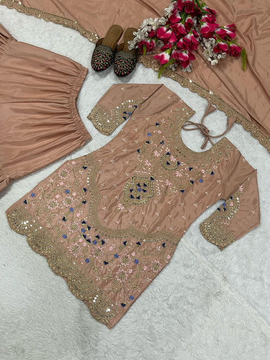 Stylish Heavy Work Peach Color Sharara Suit