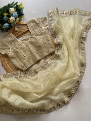 Stylish Cream Color Organza Mirror Work Saree