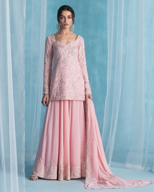 Alluring Pink Georgette Sequence Work Sharara Suit