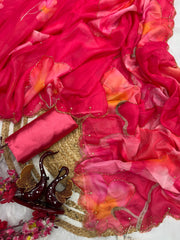 Floral Printed Pink Color Organza Saree