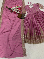 Lovely Onion Color Embroidery Work Anarkali Suit