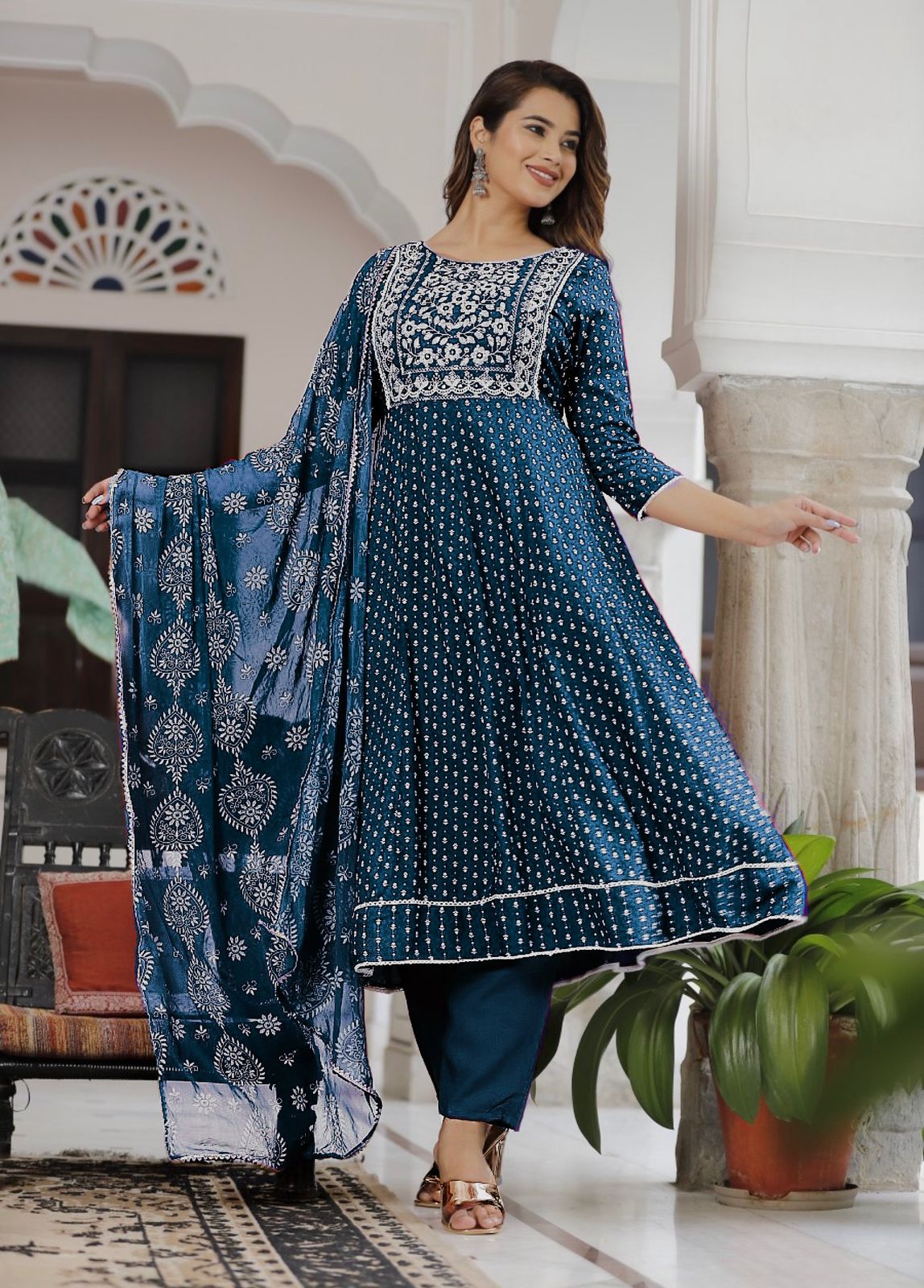 Fantastic Embroidery With Foil Print Blue Color Anarkali Suit