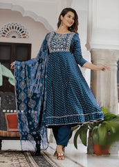 Fantastic Embroidery With Foil Print Blue Color Anarkali Suit