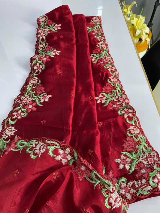 Designer Tussar Silk Red Color Saree