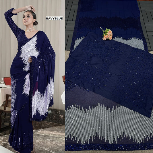 Glorious Georgette Navy Blue Color Saree